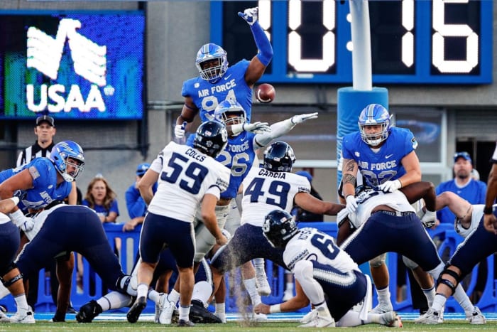 Air Force defensive tackle Jordan Jackson (94) blocks the extra attempt of Utah State kicker Connor Coles (59). Mandatory Credit: Isaiah J. Downing-USA TODAY